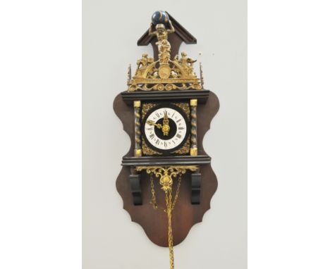 Reproduction Dutch wall clock, lacquered brass mounts, weight driven movement, 54cm.