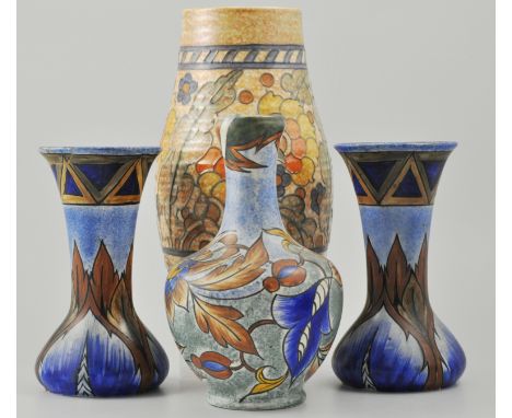 Charlotte Rhead Crown Ducal vase, decorated in the Ankara design, height 27cm, (chipped at base), together with three Clews &