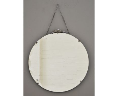 1930's bevelled edged wall mirror, with walnut trim, width 61cm and a circular bevelled edged wall mirror, (2).