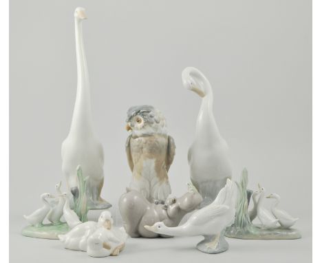 Collection of Nao animalia, to include an owl, a hippo, to models of geese and four models of ducks, (8).