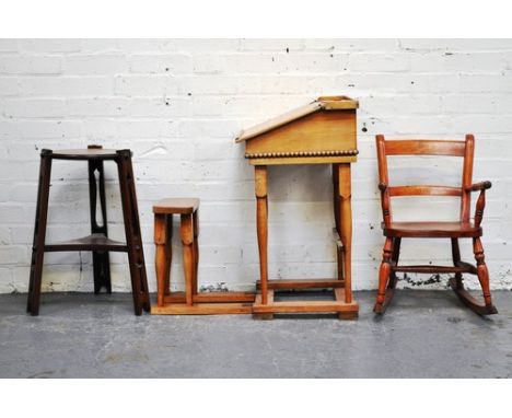 Vintage school desk, slope front surface with a fold out stool, 48cm, a stained wood child's rocking chair and a jardiniere s