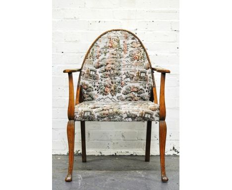 Stained beechwood elbow chair, tapestry style upholstery, open arms, cabriole legs, width 61cm.