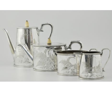 Victorian plated four piece tea and coffee set, marked S Smith, King Street, Covent Garden, engraved decoration of fern leave