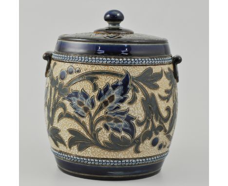 Doulton Lambeth tobacco jar and cover, by Francis E Lee, impressed factory marks and 1884 incised, 768 FEL, height 15cm, (chi