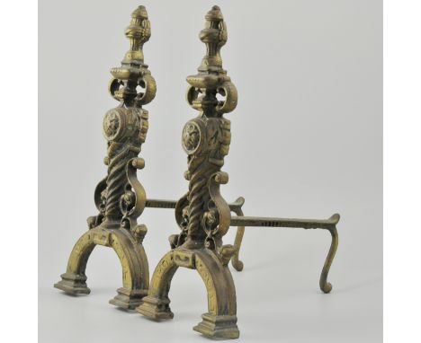 Pair of elm bellow, 61cm, a pair of brass andirons, vintage style car horn and coal brush. (5)