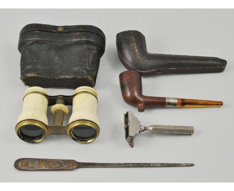 Pair of opera glasses, Briar wood pipe, vintage leather handbag, thimbles and other items. (1 Box)