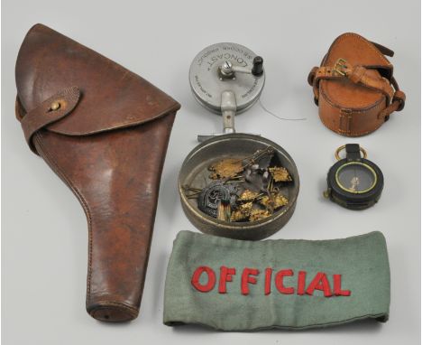 First World War marching compass, Verner's pattern in a leather case, a "Loncast" fishing reel and a leather pistol holster, 