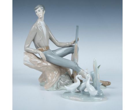 Two glossy figures, one of a hunter resting with a rifle and the other is a group of ducks. Nao backstamps. Hunter: 11.25"L x