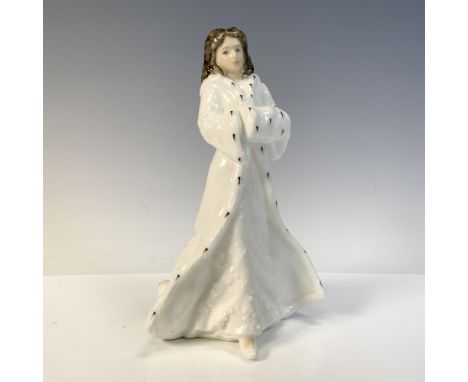 Lovely, glossy figural dressed in heavy white winter coat with muff. Royal Doulton backstamp. This item has its original box: