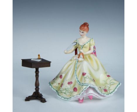 Part of The Gentle Arts Collection, figural sitting with feathered pen in hand and dog on her lap penning a letter. In lovely