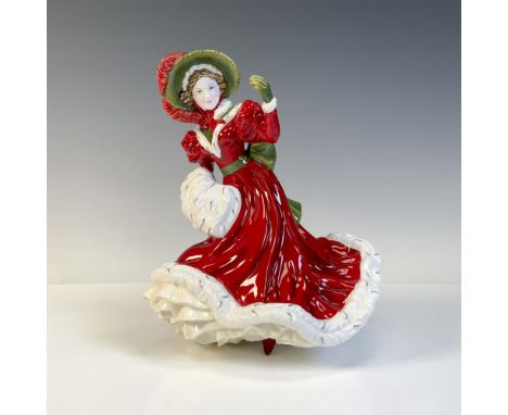 Part of the Pretty Ladies series, glossy figural is dressed in red gown and hat carrying white muff. Royal Doulton backstamp.