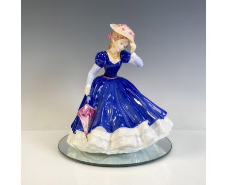 Lovely figural in blue and white gown holding her umbrella and hat. Royal Doulton backstamp. This item has its original box. 
