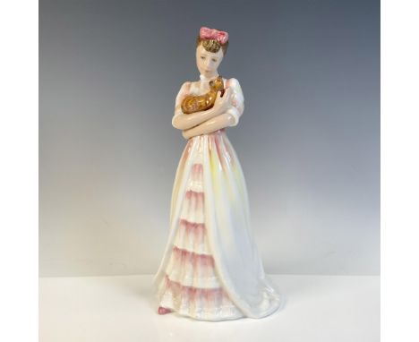 Part of the Classic Pretty Ladies Series, glossy figural is dressed in pink and white holding her cat. Royal Doulton backstam