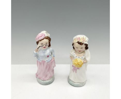 Set includes miniature figures, hand painted in soft colors with light glaze. Coalport backstamp. Largest piece: 1.5"L x 1.5"