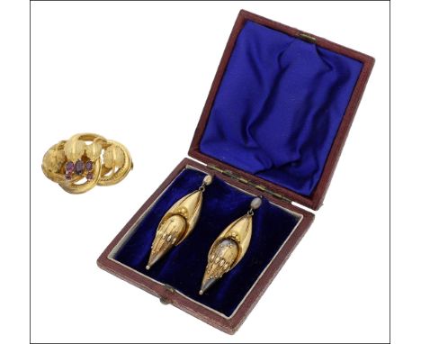 A pair of Victorian gilt ear pendants, of hollow construction, composed of tapering surmounts suspending tear-shaped drops be