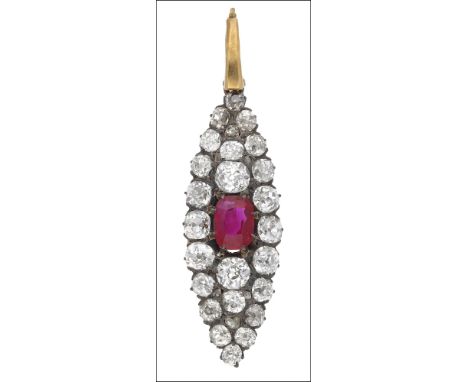 A Burmese ruby and diamond pendant, converted from a late 19th century ring, centred with a cushion-shaped ruby within a marq