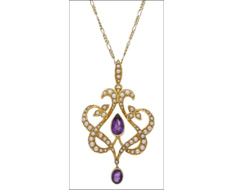 A late Victorian/Edwardian 15ct gold amethyst and seed pearl pendant/brooch, of openwork scrolling design, centred with a tea