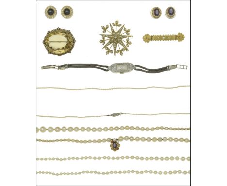 A collection of jewellery, comprising a citrine and seed pearl brooch, circa 1900, a seed pearl star brooch, circa 1900, (dam