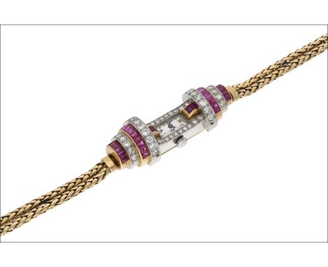 A Burmese ruby and diamond cocktail watch, circa 1940s, the rectangular dial within brilliant-cut diamond bezel, with scissor
