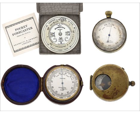 A pocket forecaster by Negretti &amp; Zambra, in original box, a leather cased circular gilt pocket barometer retailed by Arm