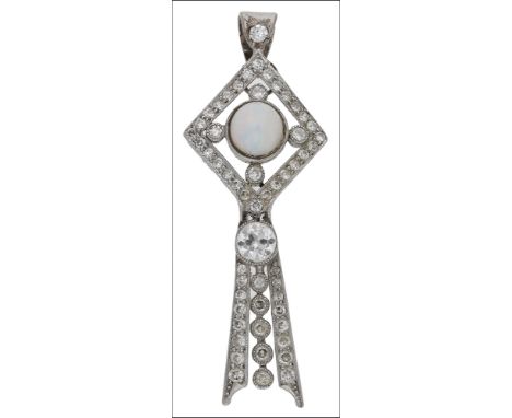 An opal and diamond pendant, designed as a stylised shooting star, set centrally with a circular cabochon-cut opal, the openw