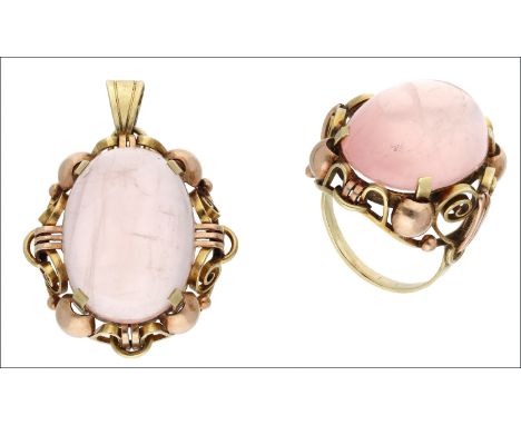 A rose quartz set ring and pendant suite, 1930s-50s, each set with a pale pink rose quartz cabochon, within an architectural 