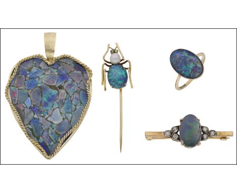 A collection of opal jewellery, comprising an opal single-stone ring, an opal and seed pearl stick pin, converted from a 19th