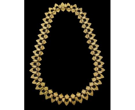 A 19th century gold fringe necklace, with bloomed finish, composed of stylised anthemion and arched hollow links with lightly