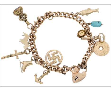A 9ct gold charm bracelet, the curb-link bracelet stamped ‘9 375’, suspending 13 charms, including a turquoise bead, an ancho