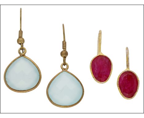 Two pairs of gem set earrings, comprising a pair with collet set oval mixed-cut ruby drops and a pair with pear-cut blue-gree