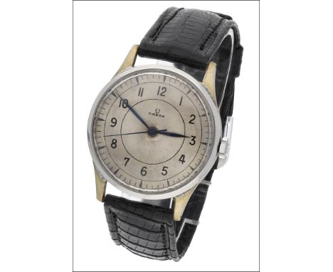 A gentleman’s wristwatch by Omega, 1940s-1950s, the silvered dial with black Arabic numerals and outer seconds scale, blued s