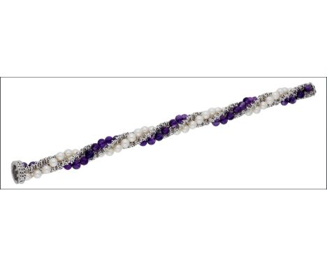 An 18ct white gold cultured pearl and amethyst bead bracelet, of ropetwist mesh design, with circular barrel hinged clasp sta