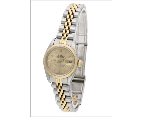 A stainless steel and gold lady’s Oyster Perpetual Datejust automatic wristwatch by Rolex, 1987, the champagne coloured dial 