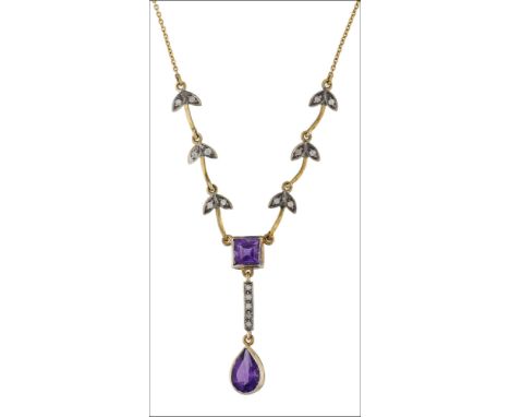 A diamond and amethyst necklace, the pear-cut amethyst drop collet set and surmounted by a  row of millegrain set brilliant-c