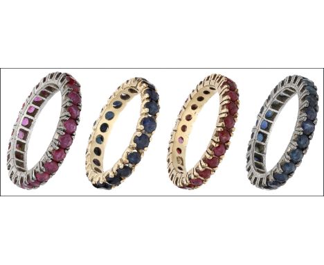 Four eternity rings, comprising two ruby and two sapphire eternity rings, each pair claw set in either white or yellow precio