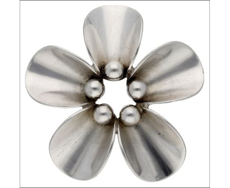 A Danish silver brooch by N E From, composed of five concave petals, with central bead accents, reverse stamped ‘DANISH STERL