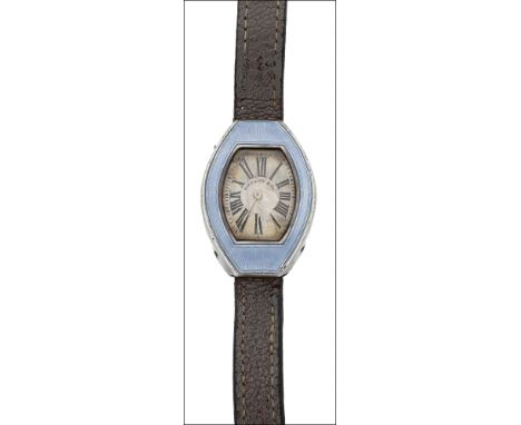 An early 20th century silver cased blue enamelled lady’s wristwatch by Tiffany & Co, the signed tonneau-shaped dial with blac