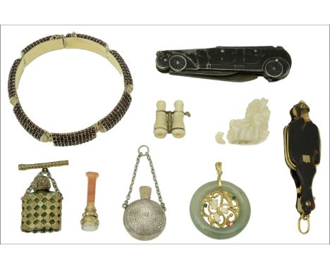 A collection of assorted items, comprising a garnet bracelet, Czechoslovakia assay mark, 900 fineness, two miniature scent bo