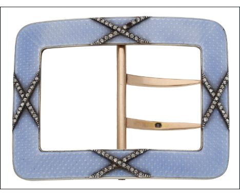 A Russian enamel and diamond set buckle, of rectangular outline, the pale blue guilloché enamel applied with four rose-cut di