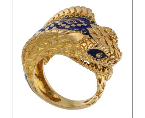 A blue enamel serpent ring, of wraparound design, realistically modelled as a cobra with blue enamel detailing to the head an