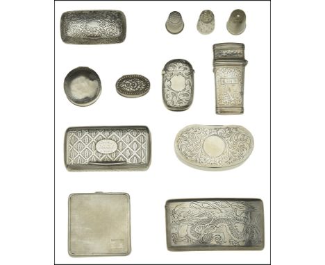 Assorted silver and white metal boxes, including a George III silver rectangular snuff box, engraved with a repeating lattice
