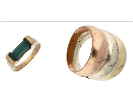 Two dress rings, the first ring stamped ‘14k’ and tension-set with a tubular section of chrysoprase, together with a second r