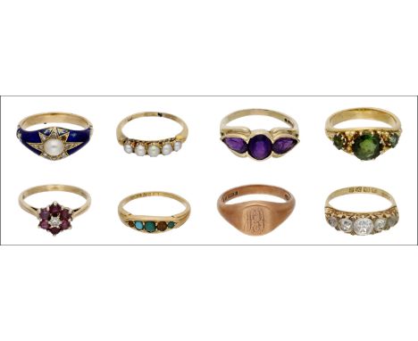 A collection of eight assorted rings, including a 19th century blue enamel and half pearl ring, an 18ct pearl ring, a 9ct ame