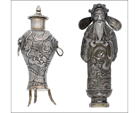 A Chinese figural desk seal and a Chinese Export pepper pot, the seal, circa 1880-1900, representing a bearded figure wearing