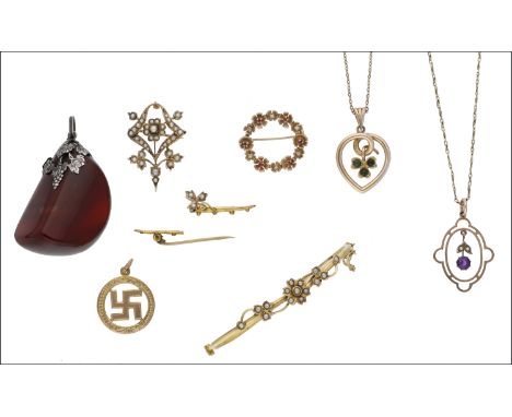 A collection of assorted jewellery, including two late Victorian pendants, a 9ct gold circular and ruby flowerhead hoop brooc