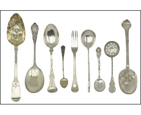 A collection of flatware, comprising mostly silver spoons, to include a silver fiddle pattern berry spoon by Richard Turner &