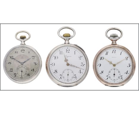 Three Swiss silver pocket watches, the first, an open face keyless wind pocket by Omega, the signed silvered dial with black 