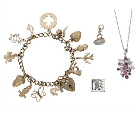 A 9ct gold charm bracelet, the curb-link bracelet suspending twelve assorted charms, to a padlock clasp hallmarked for London