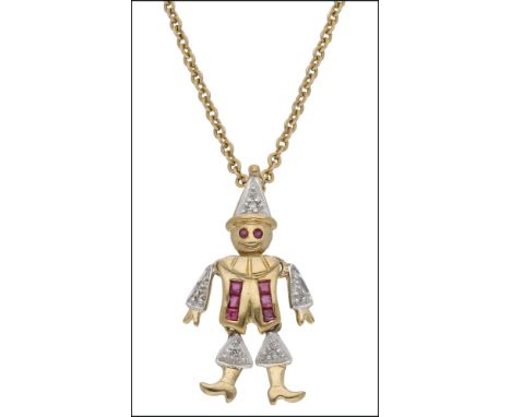 A gem-set novelty pendant on chain, the articulated pierrot with ruby and diamond highlights, mounted in 9ct gold, suspended 