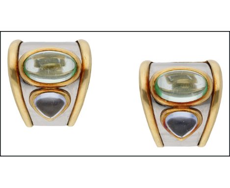 A pair of gem-set ear clips by Marina B, of tapering form,  each inset with an oval cabochon pale green tourmaline and round 